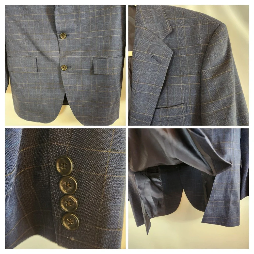 J Crew Ludlow Slim Fit‎ Two Button Wool Blend Plaid Blazer Mens 36R Navy